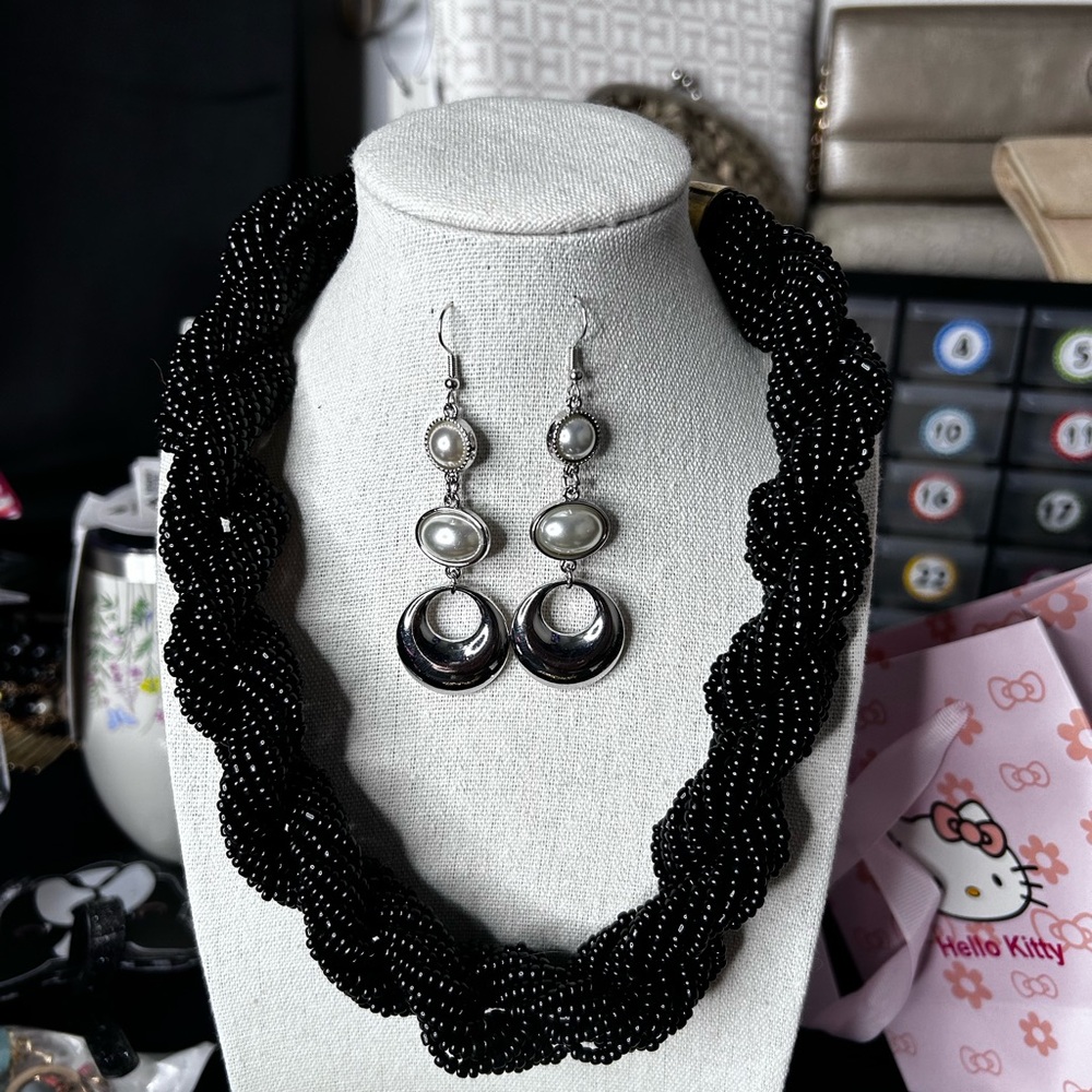 FREE Elegant Black Beaded Necklace and Earring Set